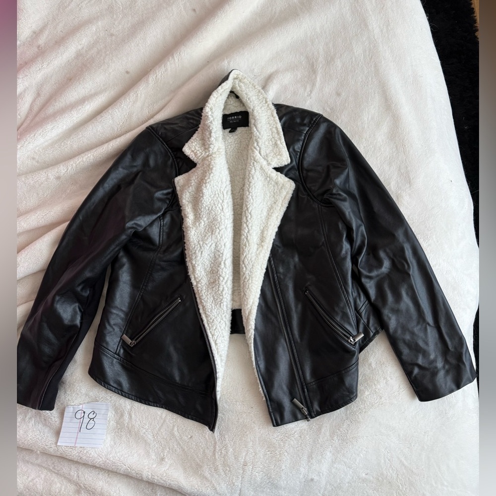 Torrid Black Faux Leather Jacket with Cream Sherpa Lining